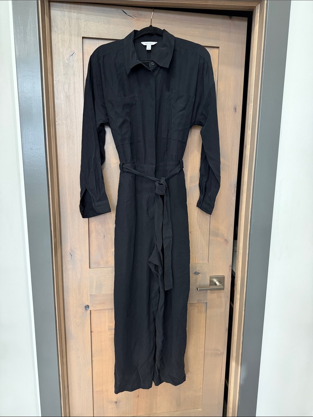 Nine West Black Long-Sleeve Tie-Waist Jumpsuit